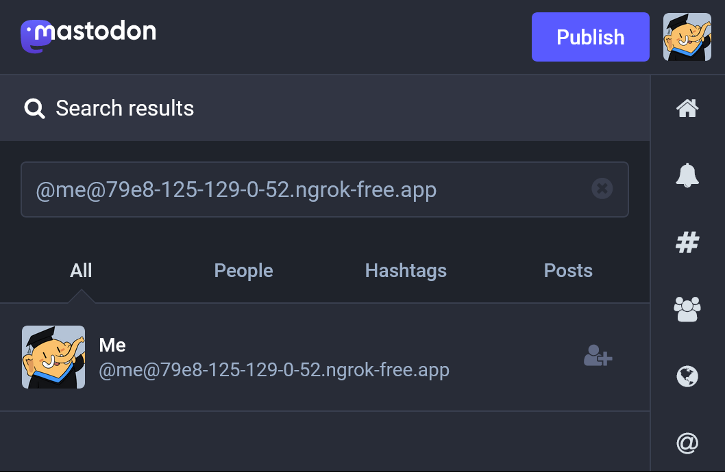 Search results on Mastodon; the actor @me shows up.